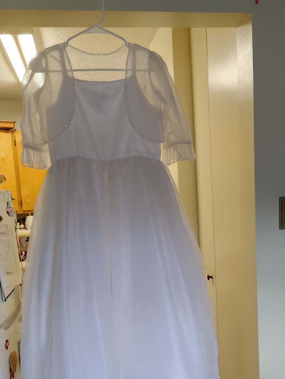 White Girls' Formal Dress with Sheer Bolero and Beaded Bodice